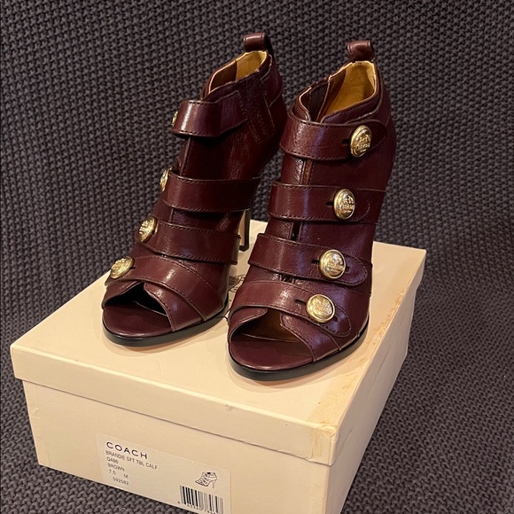 Coach Brown Leather Heeled Sandals with Gold Accents - Picture 1 of 6
